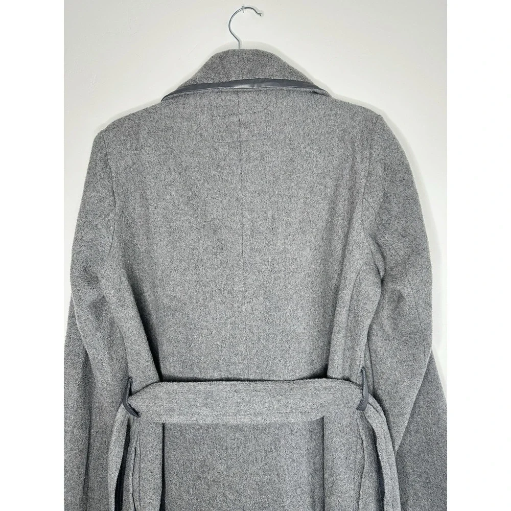 Nanette Lepore Gray Wool Blend Faux Leather Trim Wrap Coat Large Minimalist Chic